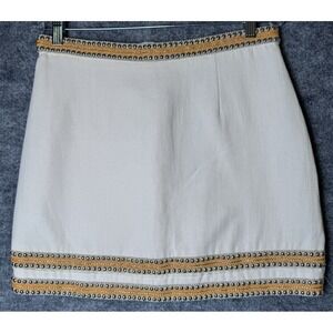 RIVER ISLAND MINI SKIRT CREAM WITH SILVER BEADS AND WEAVED WAIST AND HEM SIZE 12